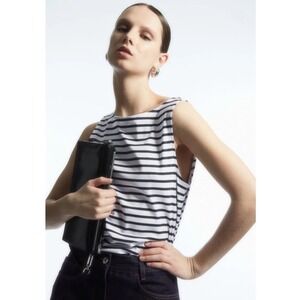 COS Women Navy White Striped Boat Neck Sleeveless Shell Tank Top Large